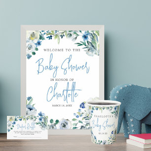 Elegant Blue Floral Baby Shower Diaper Raffle Enclosure Card