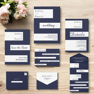 Elegant Modern Navy Blue White Stylish Wedding All In One Invitation