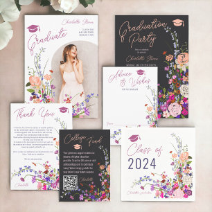 Modern chic wild flowers script photo graduation invitation