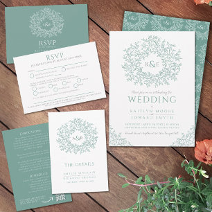 Sage green gold monogram wedding reception photo
