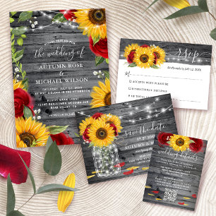 Rustic Wood Burgundy Red Rose Sunflower Wedding RSVP Card