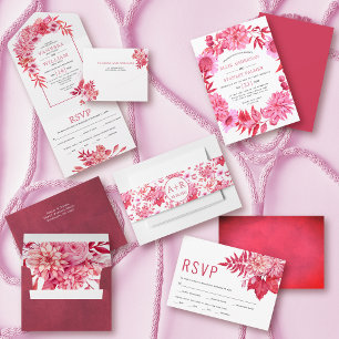 Arch with pink and red flowers and leaves wedding all in one invitation