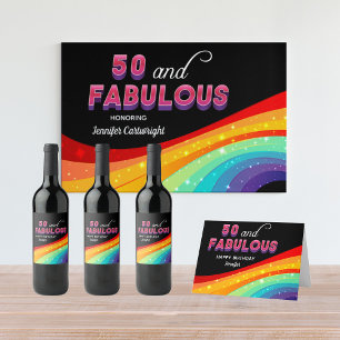 50 and Fabulous Rainbow Sparkle Birthday Party Wine Label