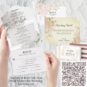 Wedding Blush Grey Pink Rose Floral Watercolor All In One Invitation