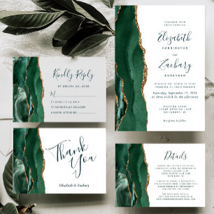 Modern Emerald Gold Agate Green Script Wedding RSVP Card