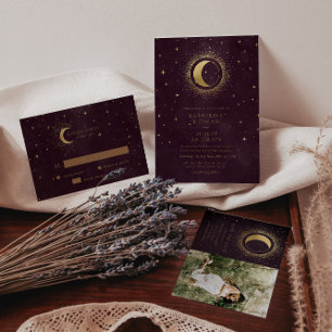 Celestial Burgundy Gold Moon And Stars Wedding  Invitation