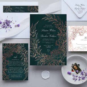 Editable Emerald Flower Wreath Copper Foil Wedding Invitation