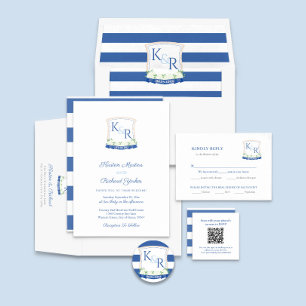 QR Code Coastal Blue And White Crest Wedding RSVP Enclosure Card