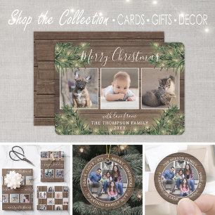 4 Photo Christmas Greenery, Rustic Wood & Lights Holiday Card