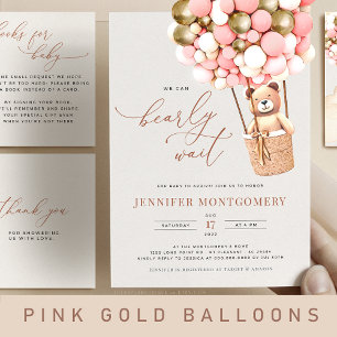 Pink Gold Bear Balloons Baby Shower Girl All In One Invitation