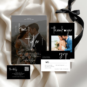Modern photo overlay QR CODE script names wedding Invitation