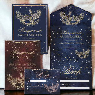 Masquerade mask chic red gold glitter quinceanera  invitation