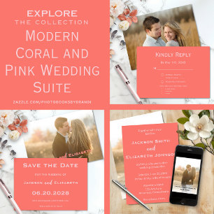 Bold Modern Coral and Pink Photo Wedding Invitation