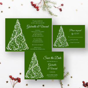Green Christmas Tree Winter Wedding RSVP