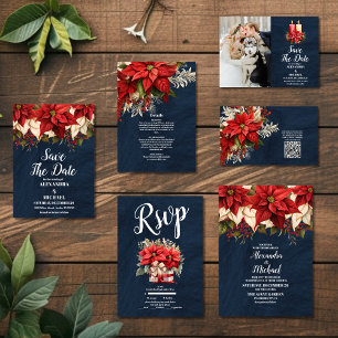 Rustic Navy Poinsettia Floral Christmas Wedding Save The Date