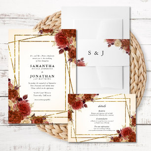 Terracotta Flowers Gold Glitter Autumn Wedding Invitation
