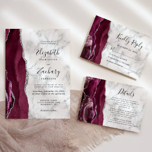 Burgundy Silver Agate Marble Wedding Details Enclosure Card