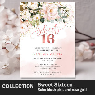 Boho blush pink roses rose gold sage sweet sixteen invitation