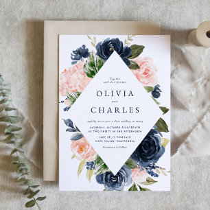 Rustic Blush and Navy Blue Floral Frame Wedding Invitation