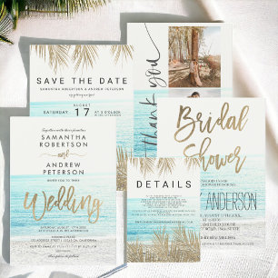 Chic gold typography beach photo wedding invitation