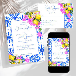 Blue Tiles Bougainvillea elegant wedding  Invitation