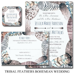 Modern Tribal Feathers Bohemian Wedding Invitation