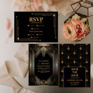 Elegant Black and Gold Art Deco  Wedding Place Card