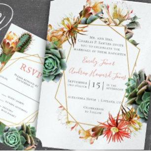 Desert Cactus Succulent Gold Geometric Invitation