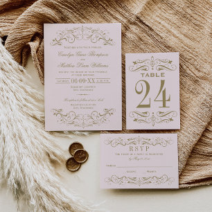 Vintage Pink and Antique Gold Flourish Wedding RSVP Card