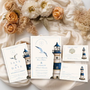 Elegant Watercolor Nautical Lighthouse Wedding Thank You Card