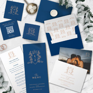 White rose gold blue crown crest monogram wedding menu