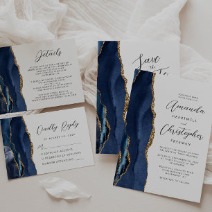 Agate Navy Blue Gold Modern Script Wedding Save The Date