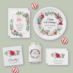Rose Holly Winter Botanical 40th Birthday Napkin