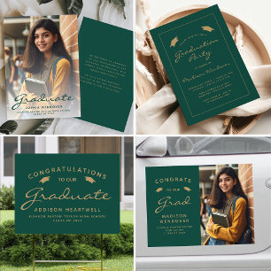 2026 Classic Green Gold Border Graduation Party Invitation