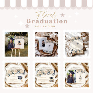 Elegant Photo Navy Gold Floral Graduation  Invitation