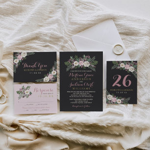Dark and Moody Rose Pink Floral Boho Wedding Invitation