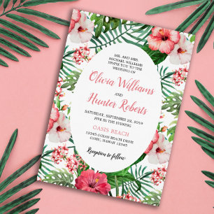 Tropical Floral Green Palm Pink Hibiscus Wedding Invitation