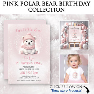 Winter Beary 1st Birthday Cute Pink Polar Bear Thank You Card