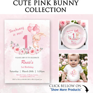 Cute Bunny Pink 1st Birthday Girl Floral Invitation
