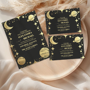 Celestial Black Gold Crescent Moon Wedding Save The Date