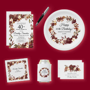 Burgundy Mauve Ivory Fall 40th Birthday Flat Thank You Card