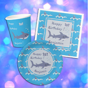 Shark Theme 1st Birthday Paper Napkins with Name