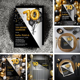 Balloons Elegant Black   Gold 70th Birthday Party Acrylic Invitations
