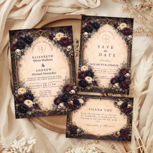 Dark Gothic Skull Floral Wedding RSVP Card