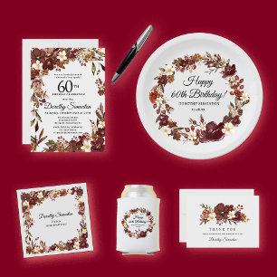 Burgundy Mauve Ivory Fall 60th Birthday Flat Thank You Card