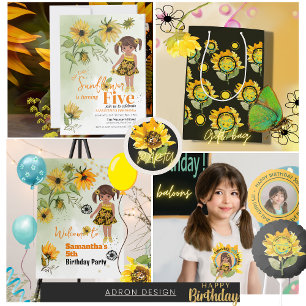  Sunflower Watercolor Fifth Girl Photo Birthday  Thank You Card