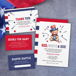 Baby Shower 4th Of July Bear Red White Due Invitation
