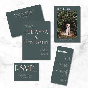 Minimalist Elegant Teal and Blush Art Deco Wedding All In One Invitation