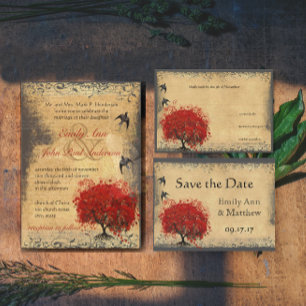 Lava Fall Fairy Light Red Heart Leaf Tree Wedding All In One Invitation