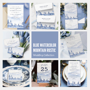 Mountain Rustic Woodland Watercolor Blue Wedding Invitation